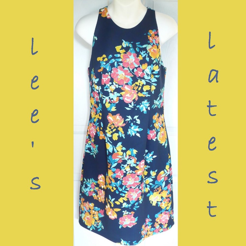 Adrianna Papell Racerback Dress Exposed Zipper Blue Floral